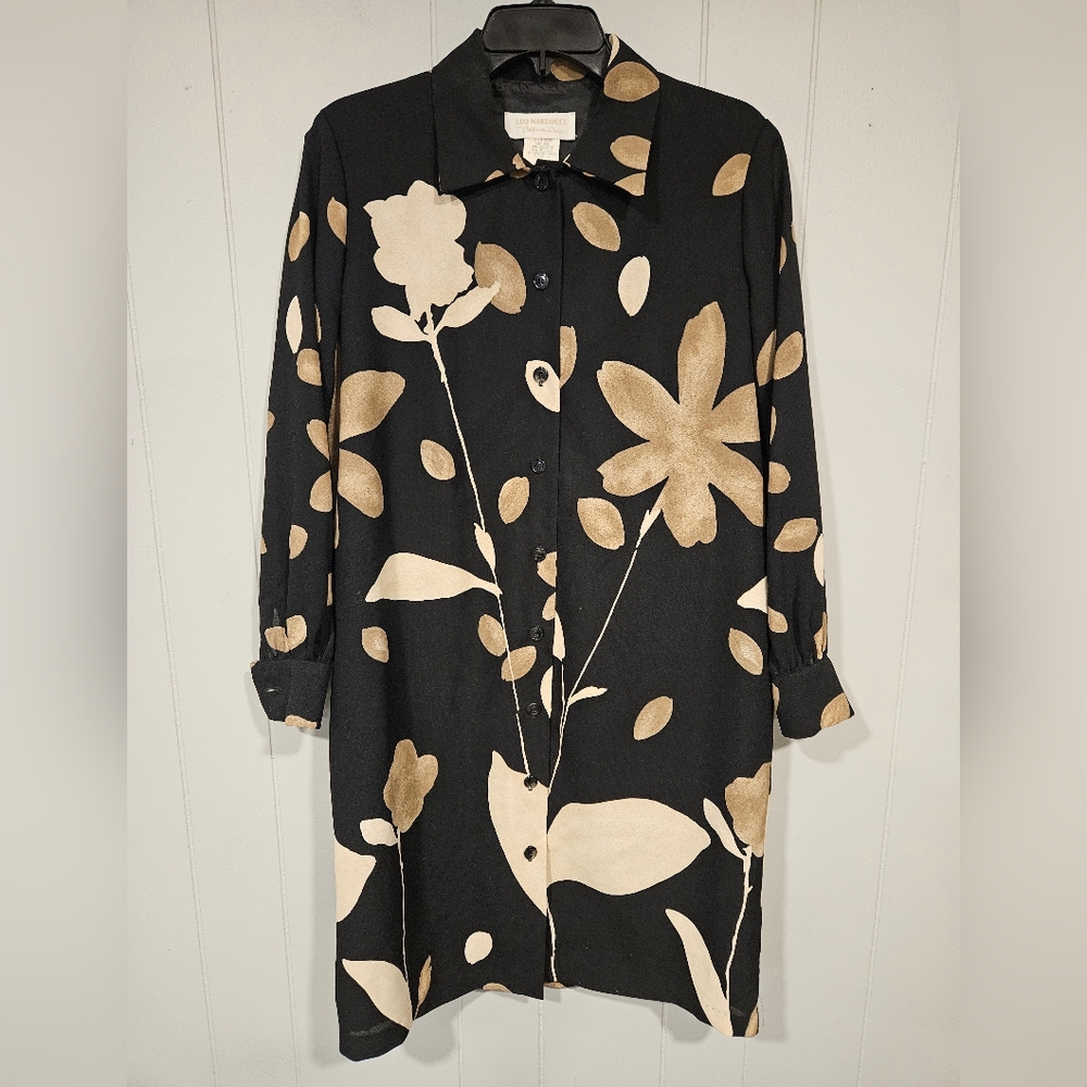 Leo Narducci Womens Black Tunic Shirt Dress Size 4 Abstract Floral Button Front